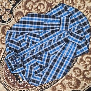 Wrangler Western Snap Shirt Blue Black White Plaid Retro Rodeo Cowboy Cowgirl